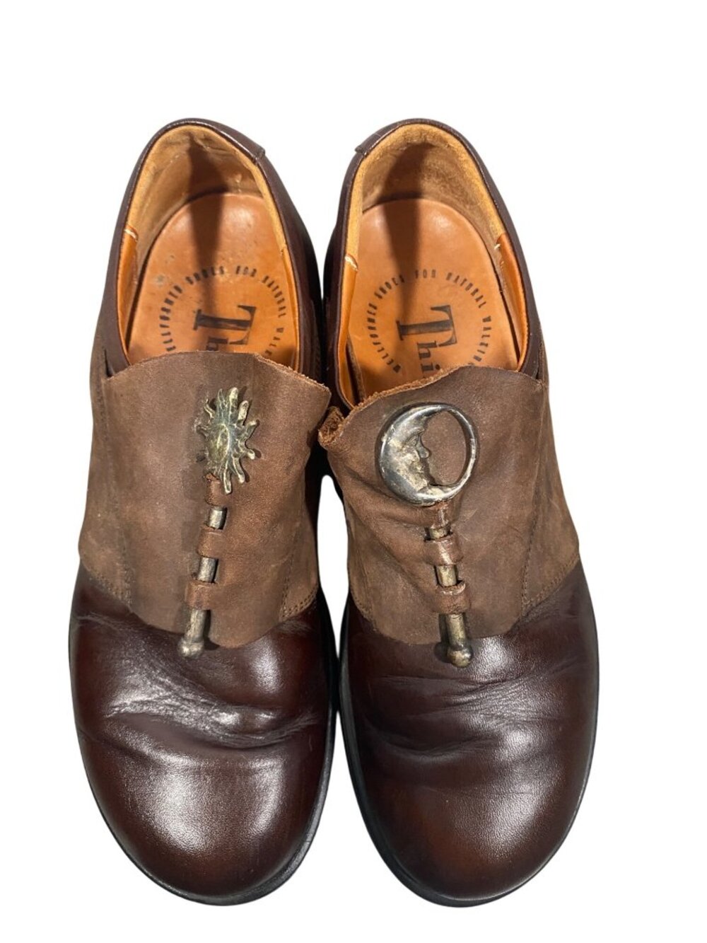 Think! Brown Leather Oxford Shoes Sun & Moon Metal Accents Size 37 steampunk